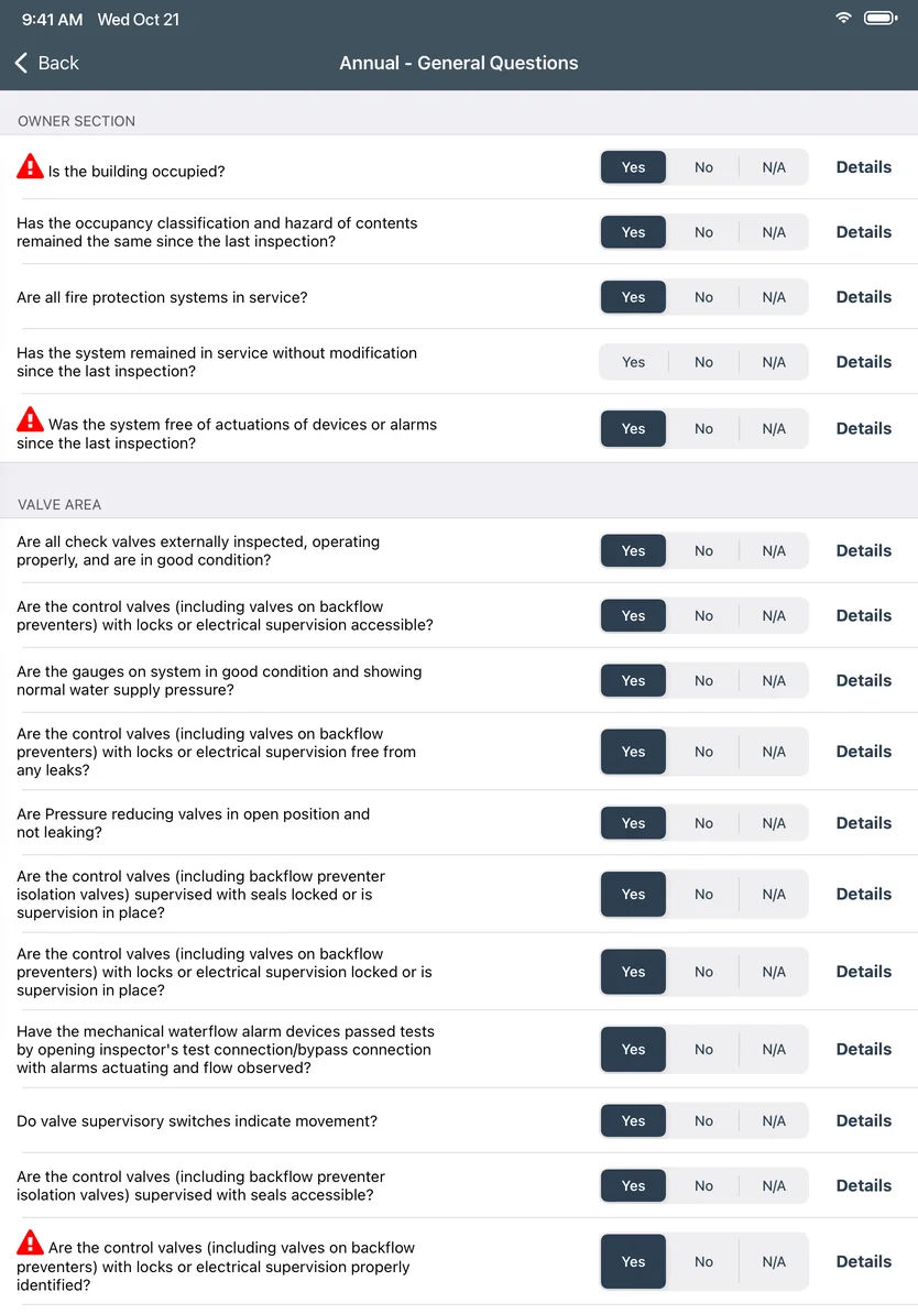 An inspection’s General Questions form in the Inspect Point iPad app, each question answered Yes, No, or N/A